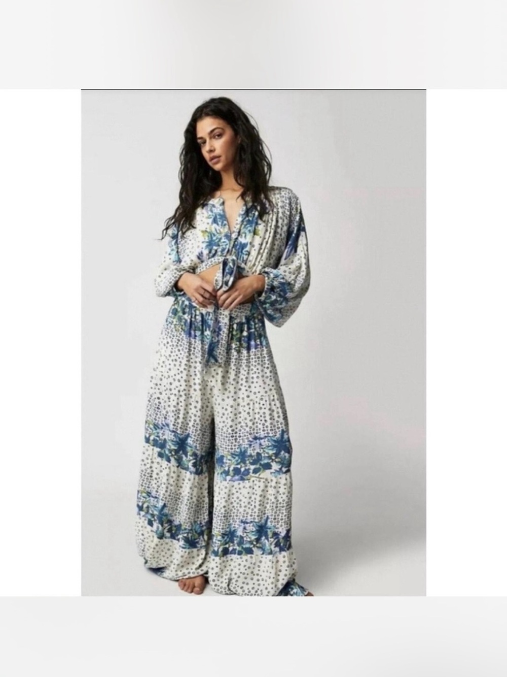 Free People Blue and White Floral Tie-Front Wide-Leg Jumpsuit